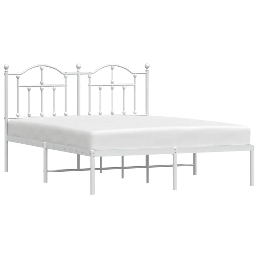 Metal Bed Frame White Slatted Base 135x190 cm with Headboard for Bedroom