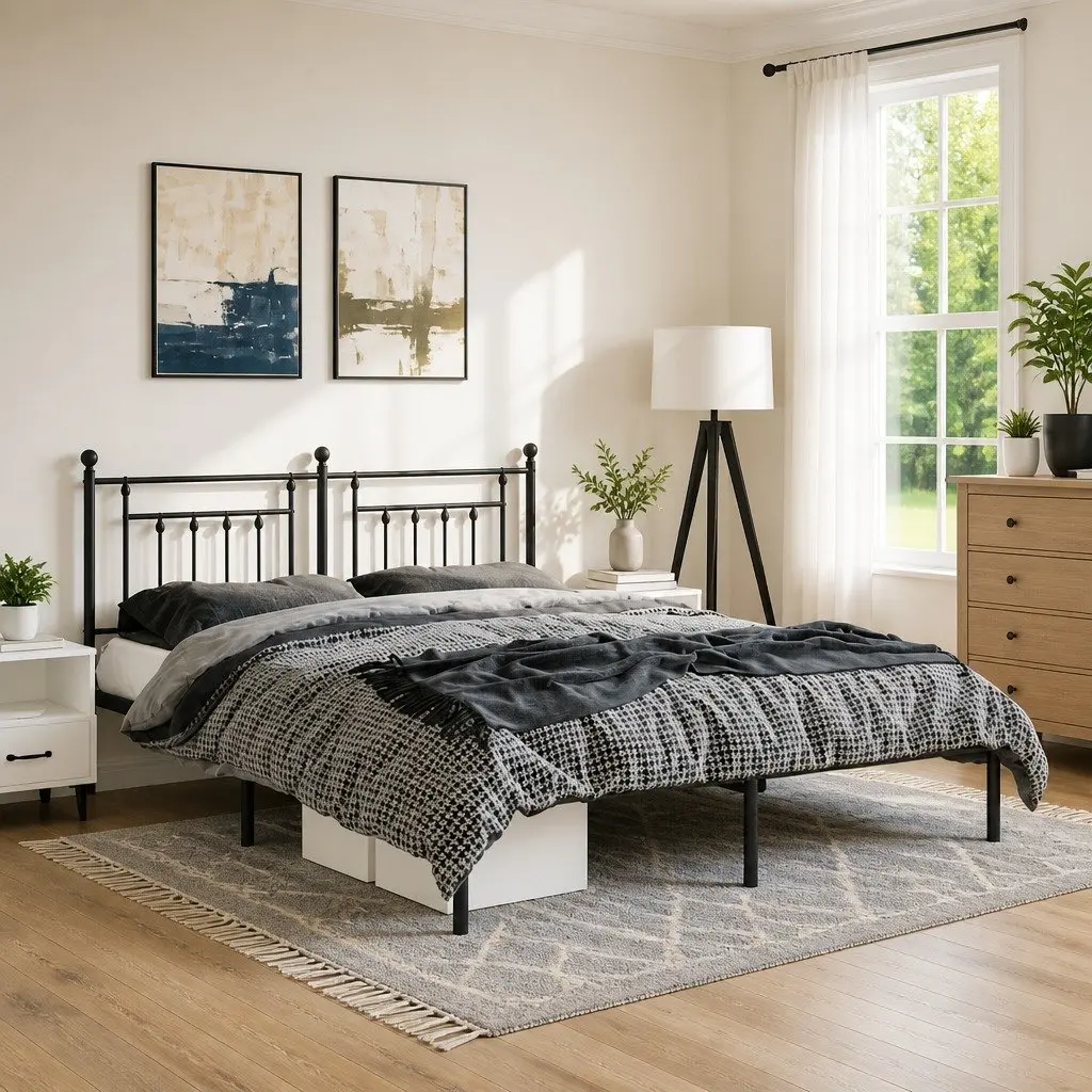 Metal Bed Frame Powder-Coated Steel 135x190 cm Black with Headboard Slatted Base