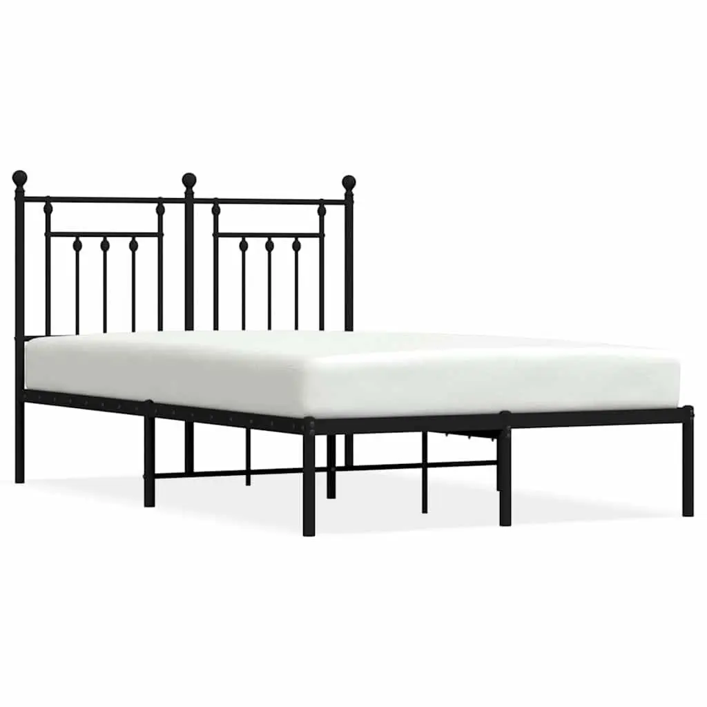 Metal Bed Frame Powder-Coated Steel 135x190 cm Black with Headboard Slatted Base