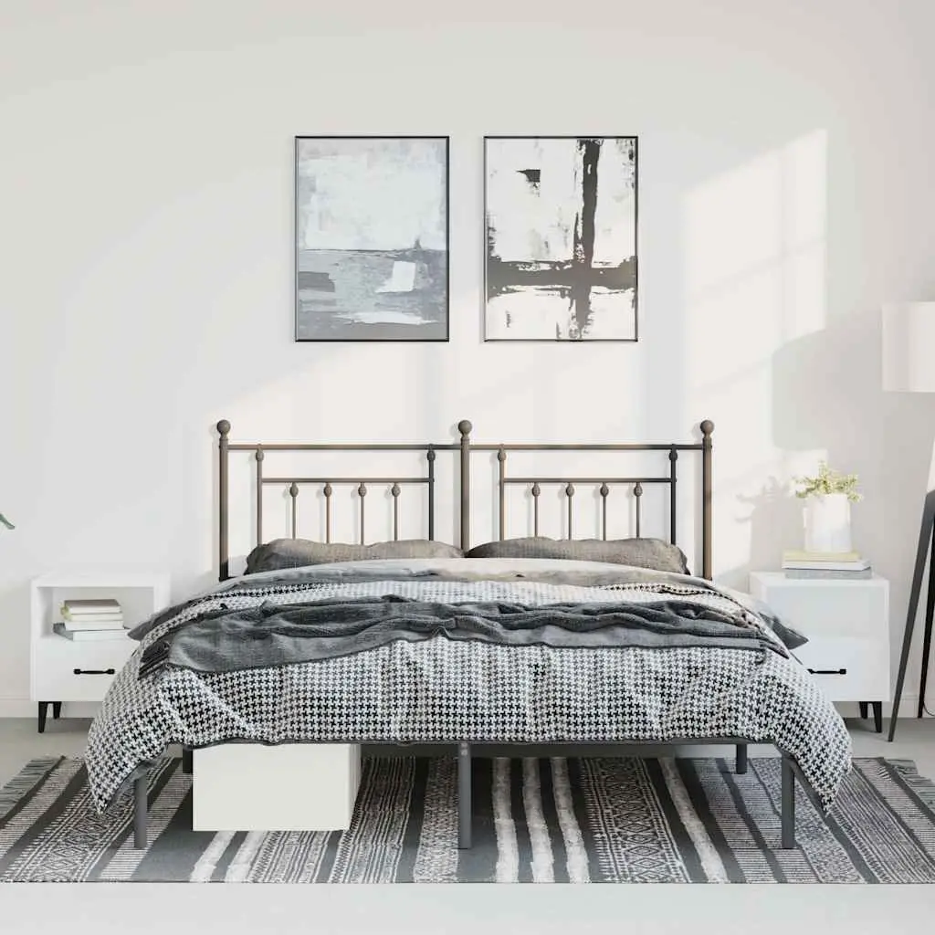 Metal Bed Frame Powder-Coated Steel 135x190 cm Black with Headboard Slatted Base
