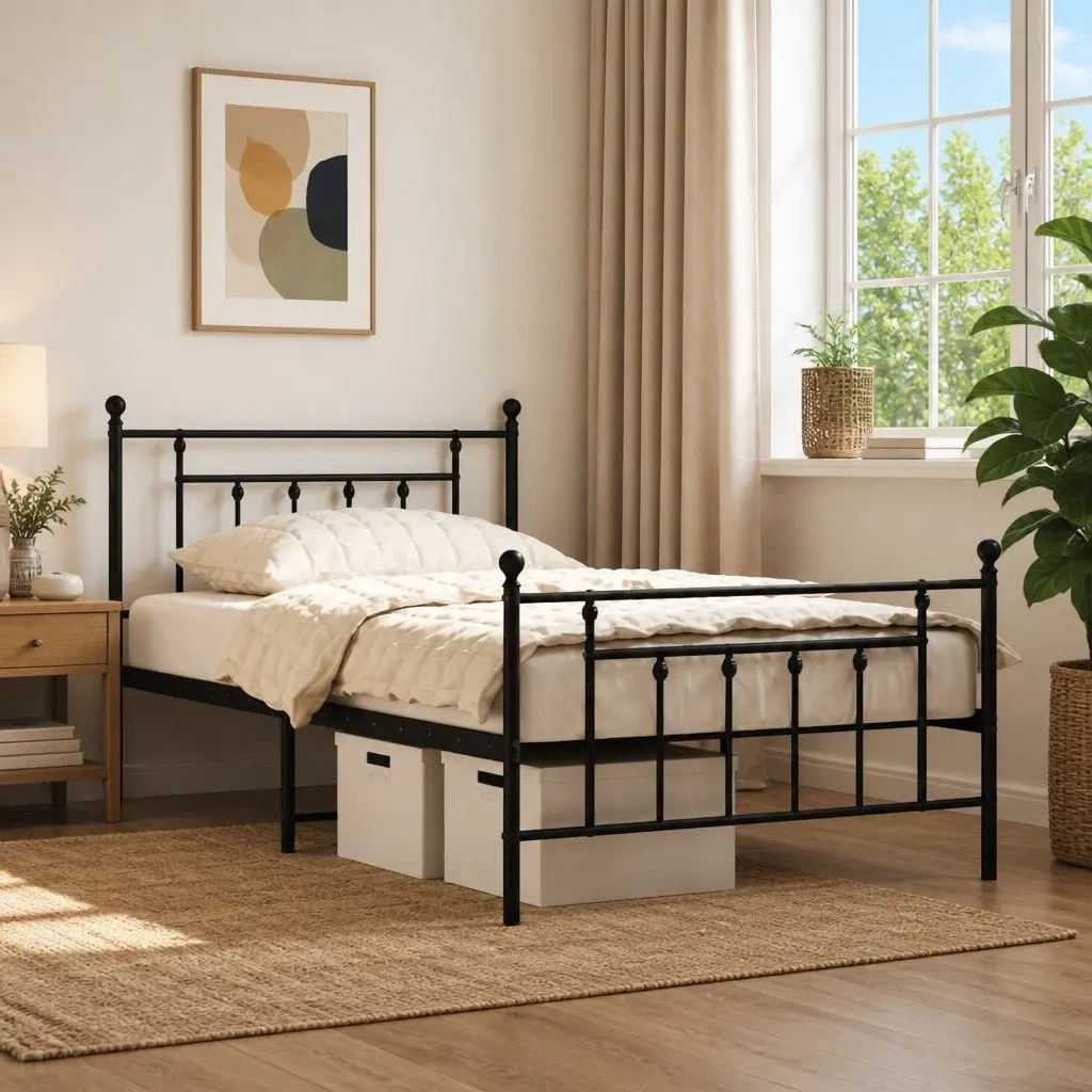 King Single Metal Bed Frame Black Steel 107x203cm with Footboard Durable Construction for Bedroom Furniture