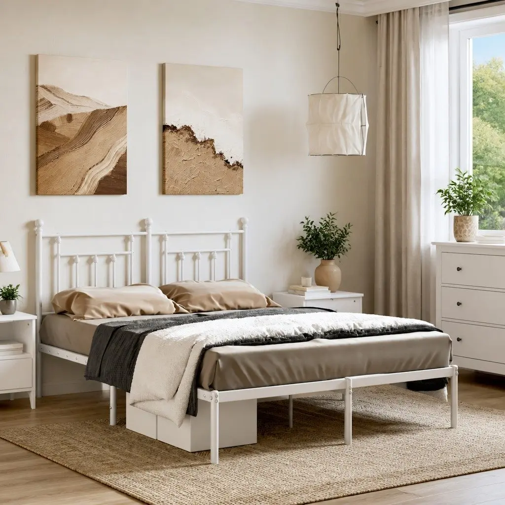 Metal Bed Frame with Headboard White 150x200 cm Bedroom Furniture Slatted Base