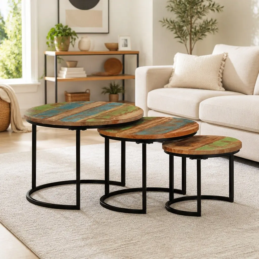 Nesting Tables Set of 3 Solid Reclaimed Wood Multicolour Coffee Side Tables Living Room
