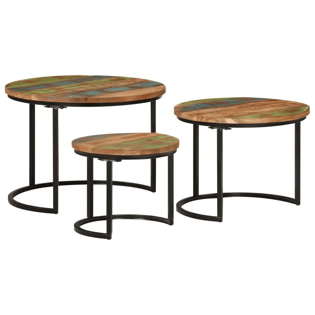 Nesting Tables Set of 3 Solid Reclaimed Wood Multicolour Coffee Side Tables Living Room