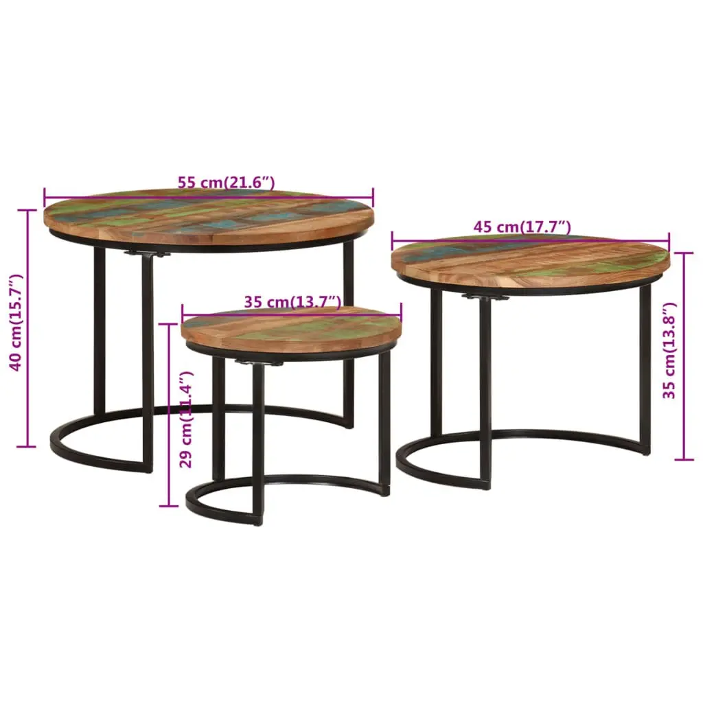 Nesting Tables Set of 3 Solid Reclaimed Wood Multicolour Coffee Side Tables Living Room