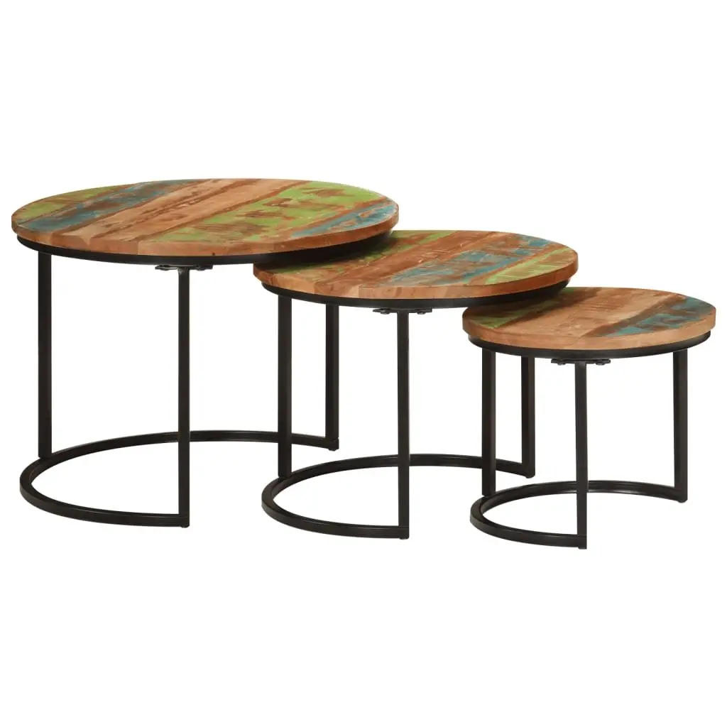 Nesting Tables Set of 3 Solid Reclaimed Wood Multicolour Coffee Side Tables Living Room