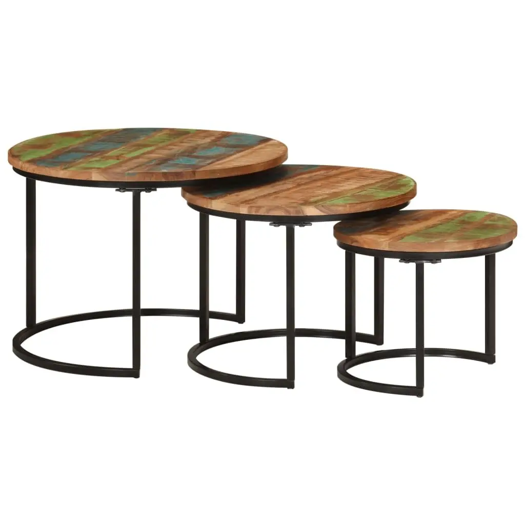 Nesting Tables Set of 3 Solid Reclaimed Wood Multicolour Coffee Side Tables Living Room