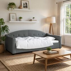 Day Bed Sofa Bed 90x190cm Grey Fabric 2-in-1 Guest Bed with Slats Frame