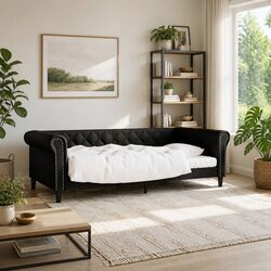 Day Bed Sofa Bed 90x190 cm Black Faux Leather Sleeper Couch Guest Bedroom