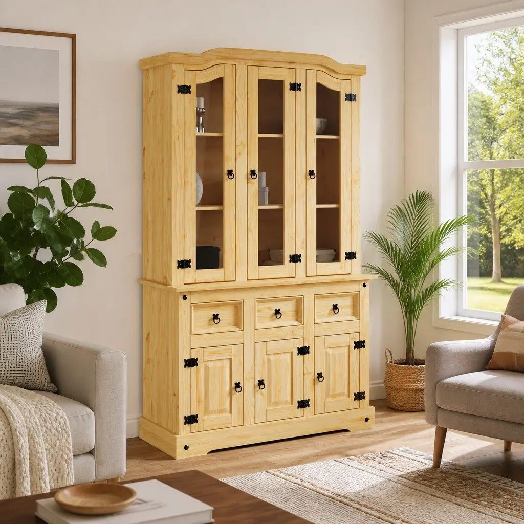 Highboard Brown Solid Pine Wood Storage Cabinet Sideboard Shelves Drawers Doors