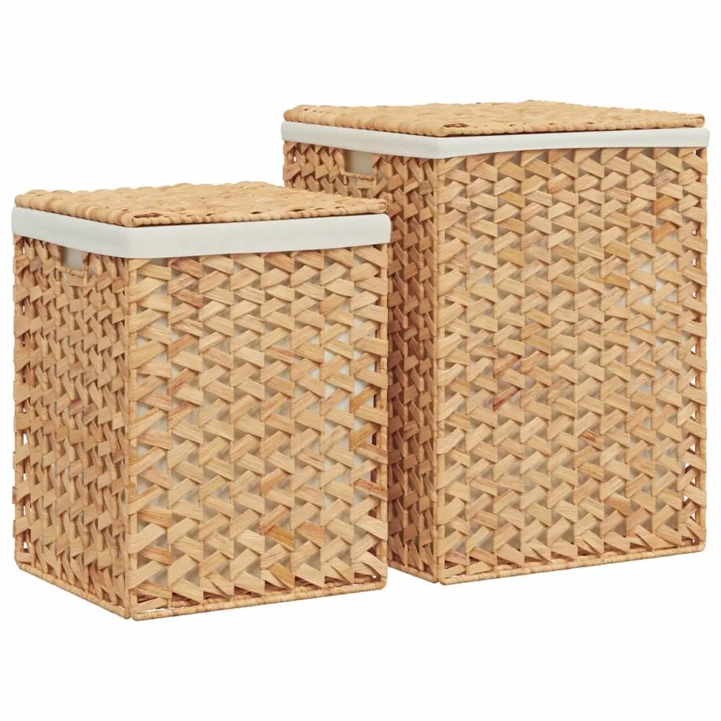 Laundry Baskets 2 pcs Water Hyacinth Brown Foldable Storage Bin Lid Handle