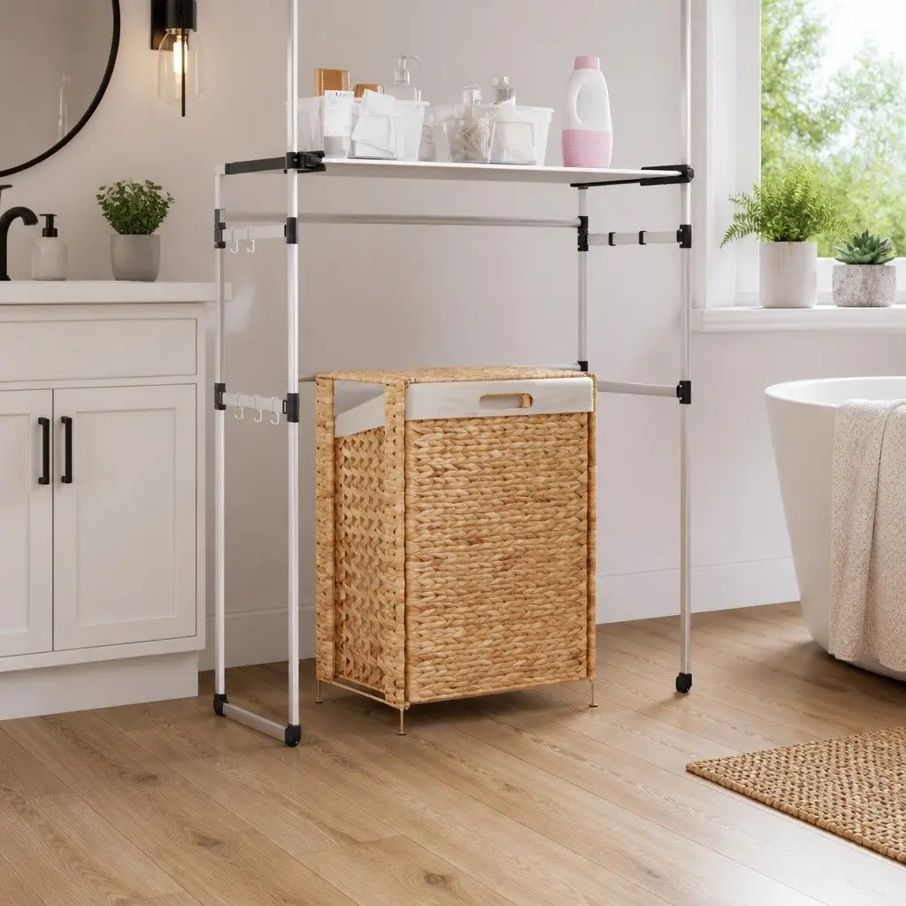Laundry Basket Water Hyacinth 44x34x64 cm Brown Storage Hamper with Lid Handle