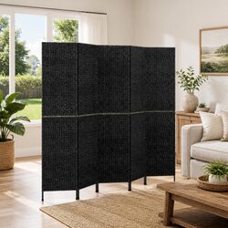Room Divider 5-Panel Black Privacy Screen Folding Partition Water Hyacinth Woven