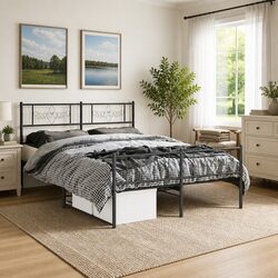 Metal Bed Frame 135x190 cm with Footboard Headboard Slatted Base Black