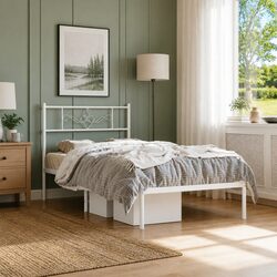 Metal Bed Frame King Single 107x203cm Headboard Slatted Base White Bedroom