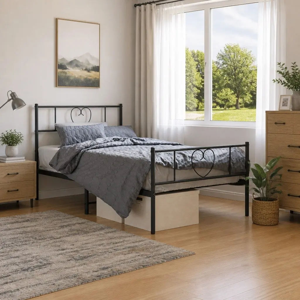 Metal Bed Frame King Single 107x203 cm Black Bedroom Furniture Footboard Slats
