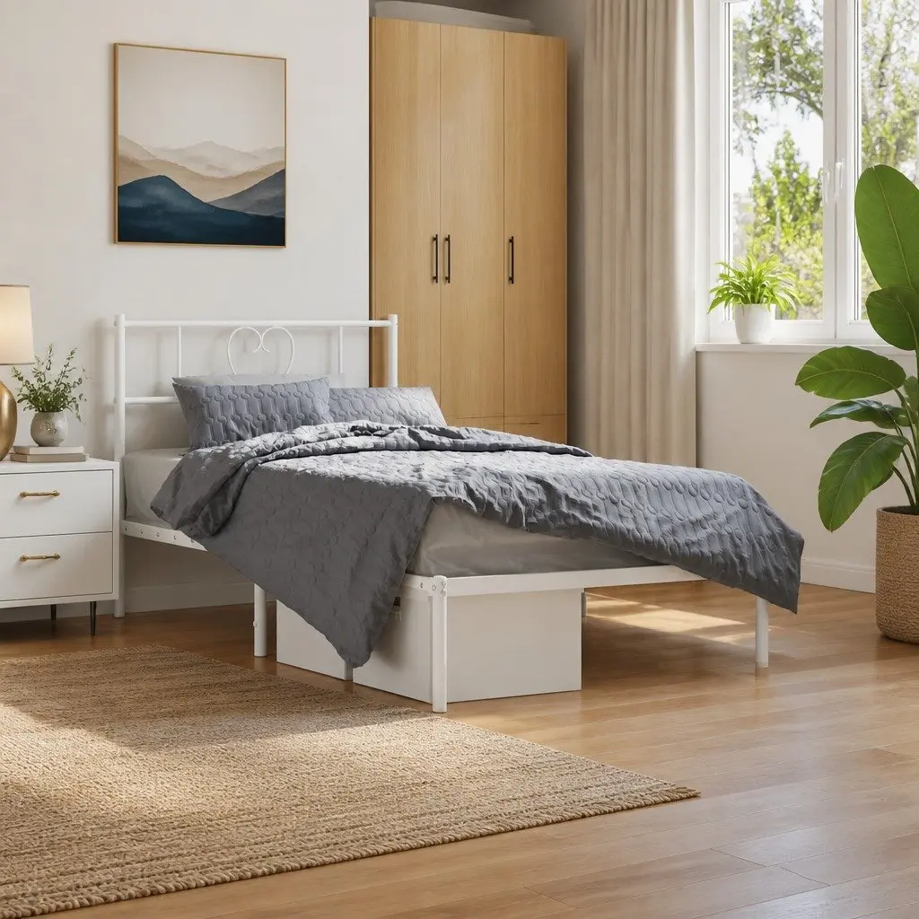 White Metal Bed Frame King Single with Storage