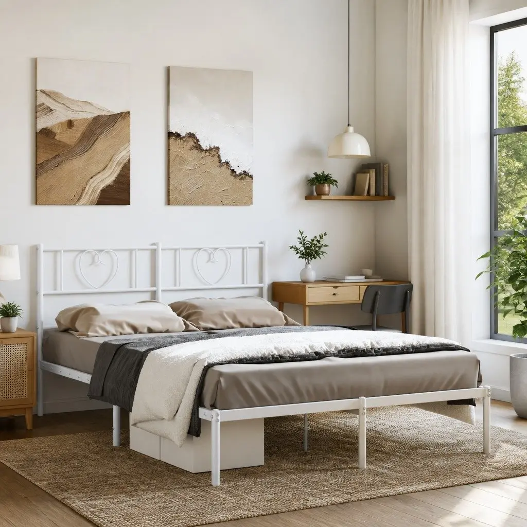 Metal Bed Frame with Headboard White 150x200 cm Bedroom Furniture Steel Slatted