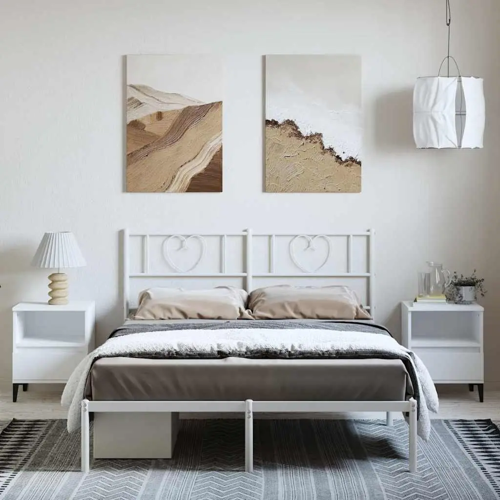 Metal Bed Frame with Headboard White 150x200 cm Bedroom Furniture Steel Slatted
