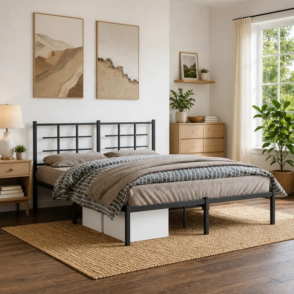 Metal Bed Frame with Headboard Black 150x200 cm