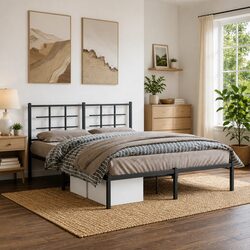 Functional Metal Bed Frame with Headboard Black 150x200 cm