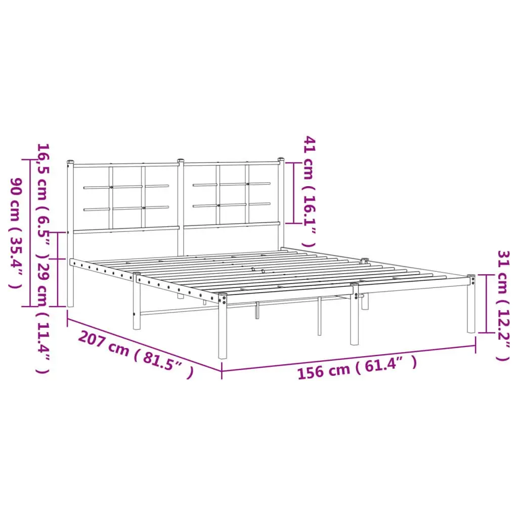 Metal Bed Frame with Headboard Black 150x200 cm