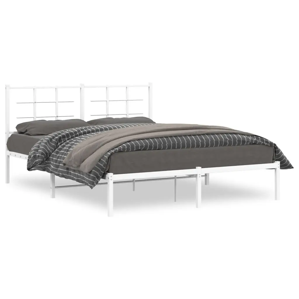 Metal Bed Frame 150x200 cm with Headboard Slatted Base White Bedroom Furniture