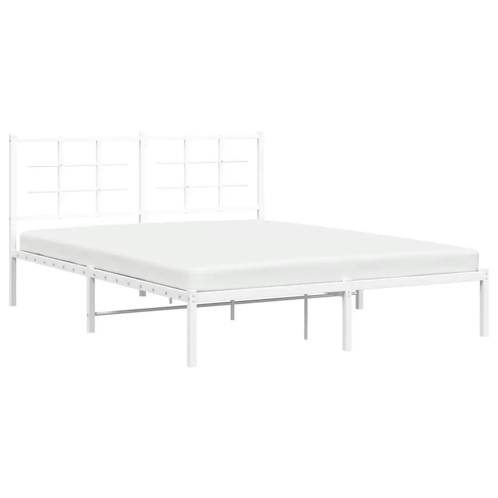 Metal Bed Frame 150x200 cm with Headboard Slatted Base White Bedroom Furniture