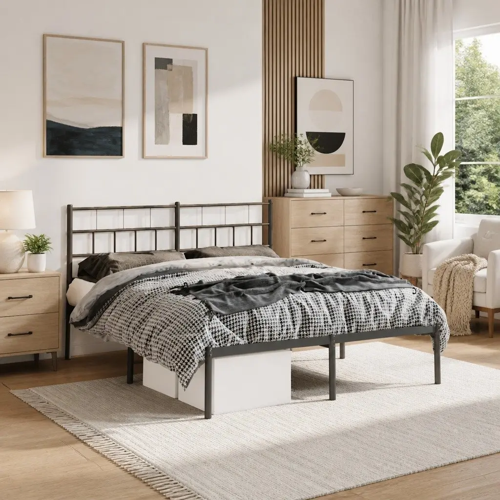 Metal Bed Frame Black Powder Coated Steel 150x200 cm with Centre Legs and Headboard for Mattress Support