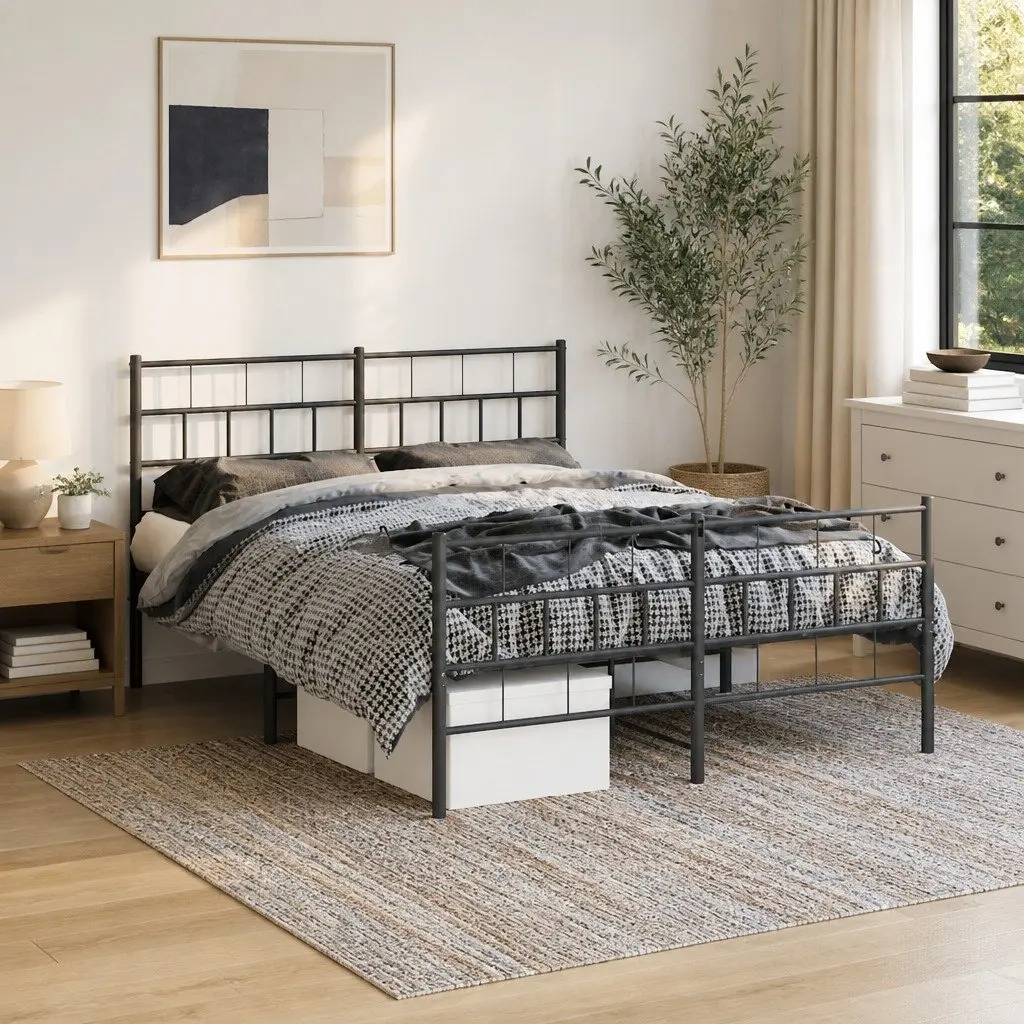 Metal Bed Frame 135x190 cm Footboard Black Bedroom Furniture Robust Steel