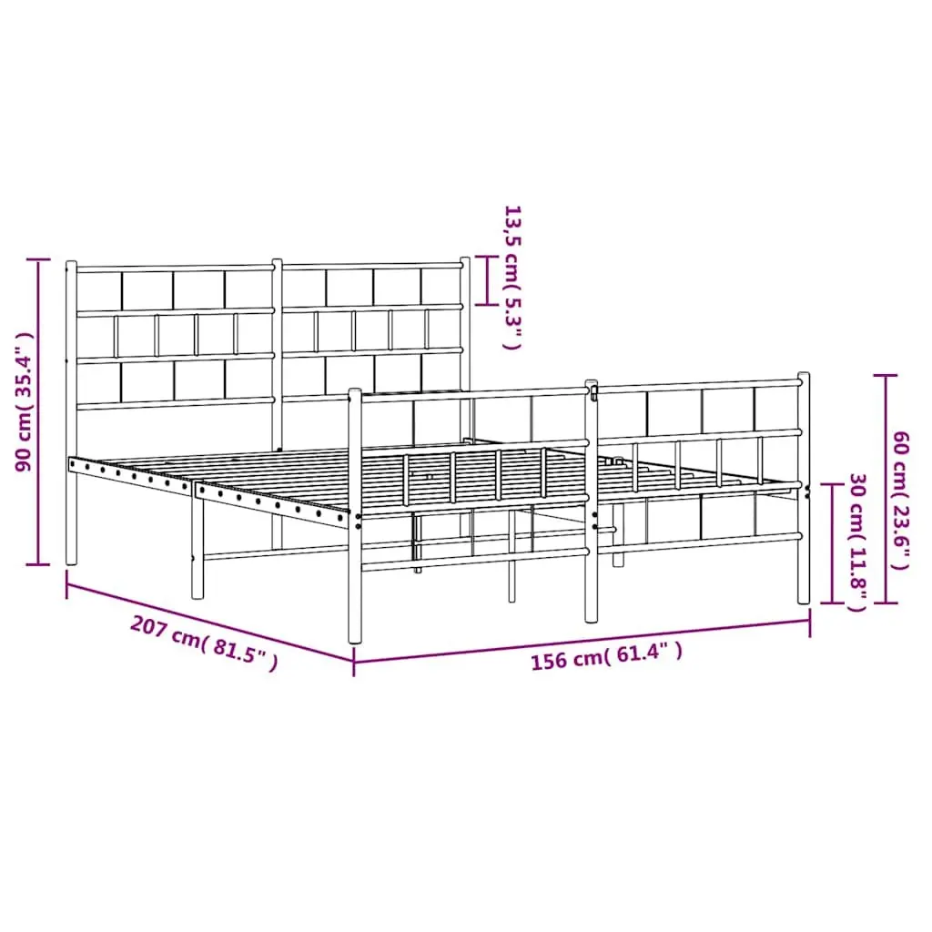 Metal Bed Frame 150x200 cm with Footboard Headboard Slatted Base Black