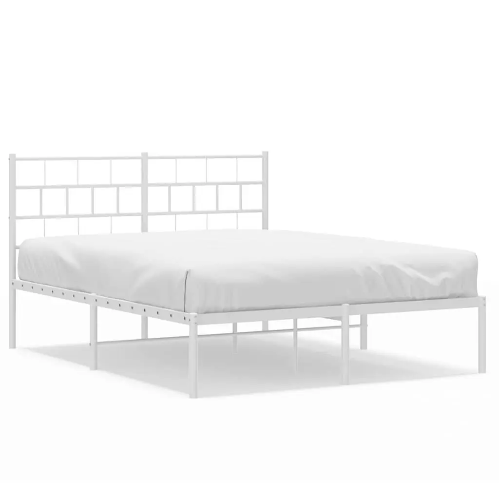 Metal Bed Frame 150x200 cm with Headboard White Bedroom Furniture Steel Slats