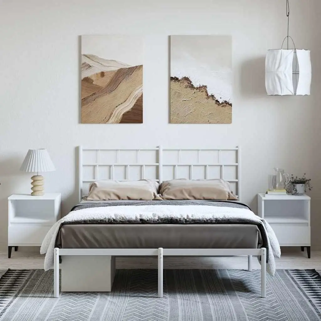 Metal Bed Frame 150x200 cm with Headboard White Bedroom Furniture Steel Slats