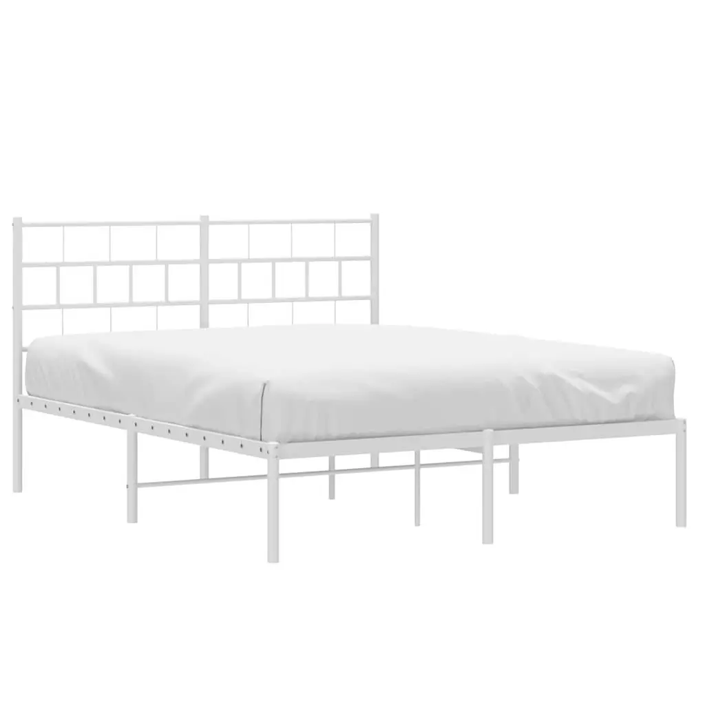 Metal Bed Frame 150x200 cm with Headboard White Bedroom Furniture Steel Slats