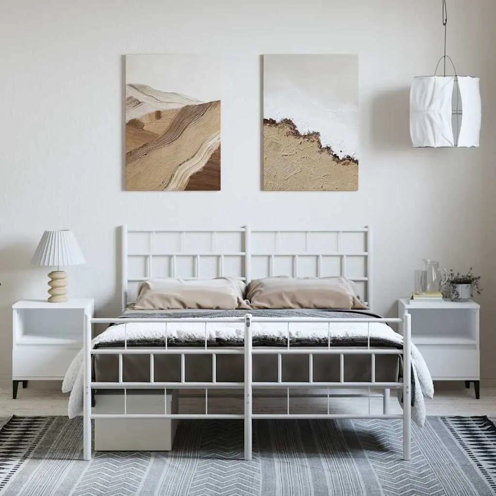 Metal Bed Frame White Sturdy Construction 150x200 cm Slatted Base with Footboard