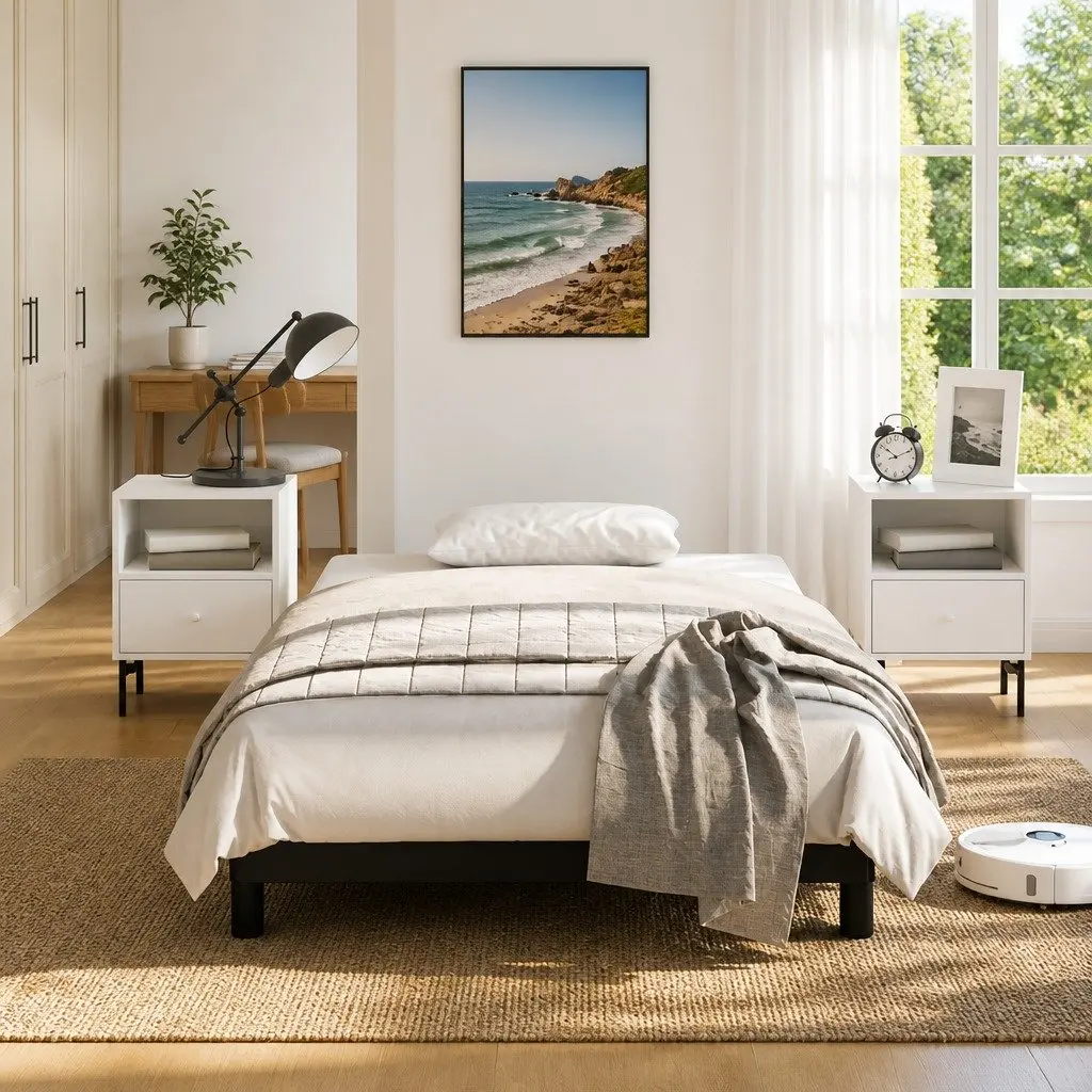 King Single Bed Frame Black Faux Leather Upholstered Bedroom Furniture No