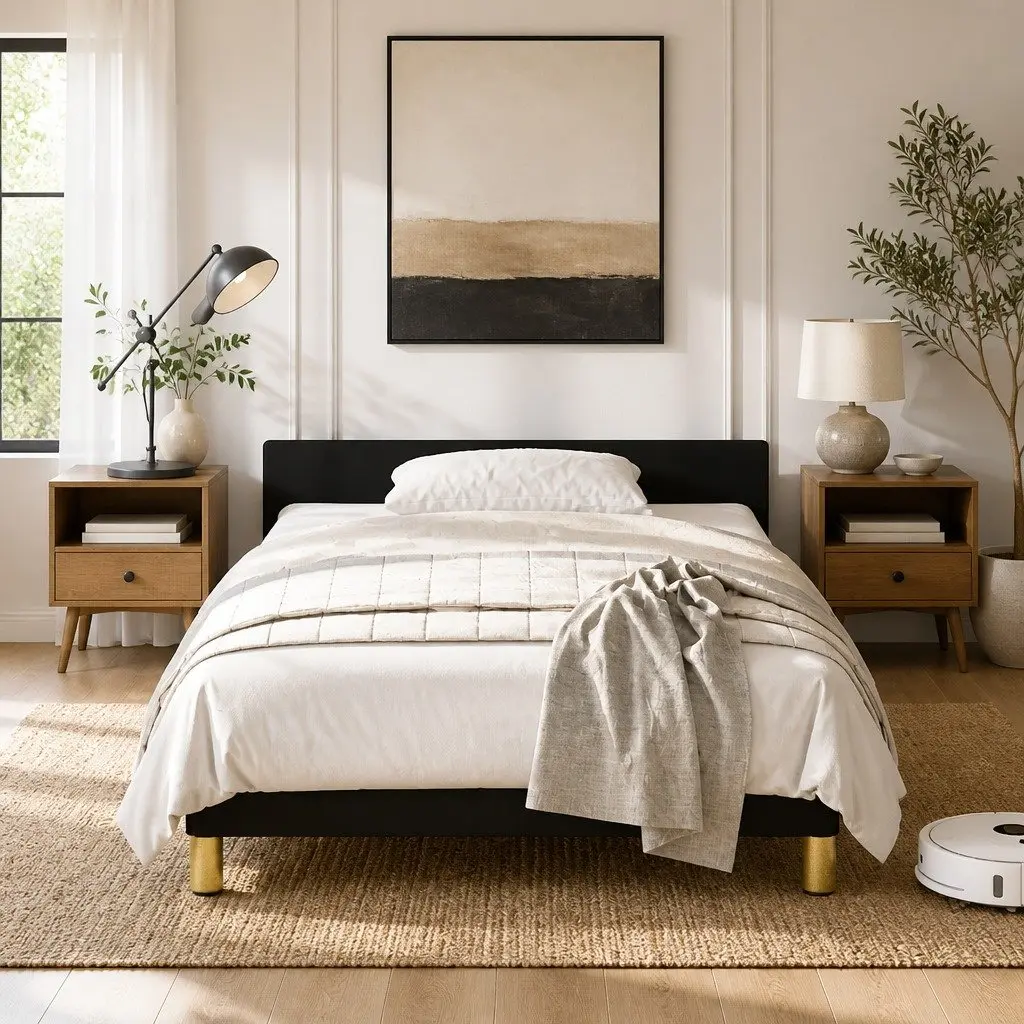 King Single Bed Frame Black Fabric Upholstered Bedroom Furniture No Mattress