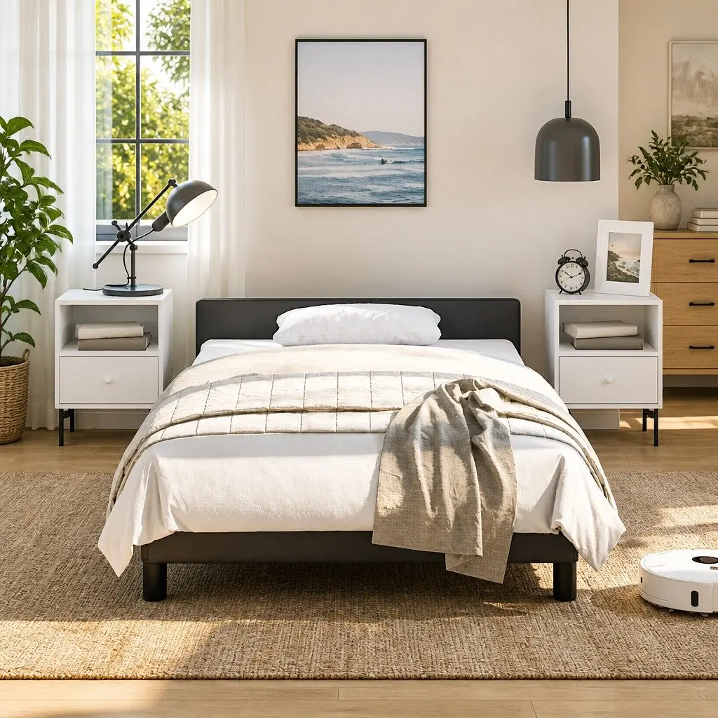 King Single Bed Frame Upholstered Faux Leather Black Platform Base with Headboard