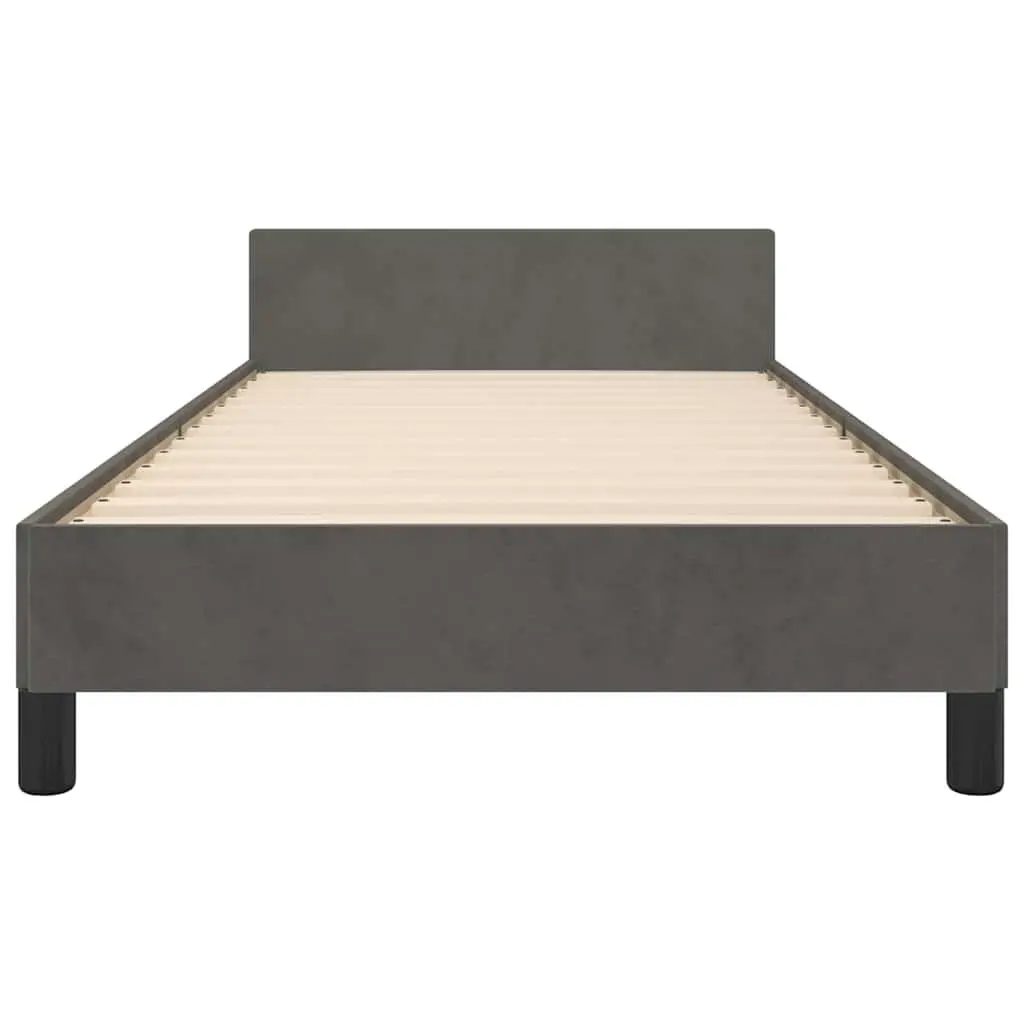 King Single Bed Frame Grey Velvet Upholstered Headboard Plywood Slats Support