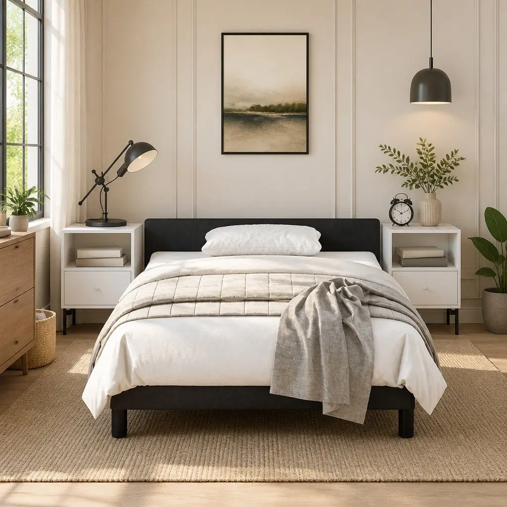 King Single Bed Frame Plywood Slats Velvet Upholstered Black Headboard