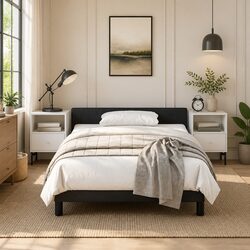 King Single Bed Frame Black Velvet Upholstered Headboard Plywood Slats