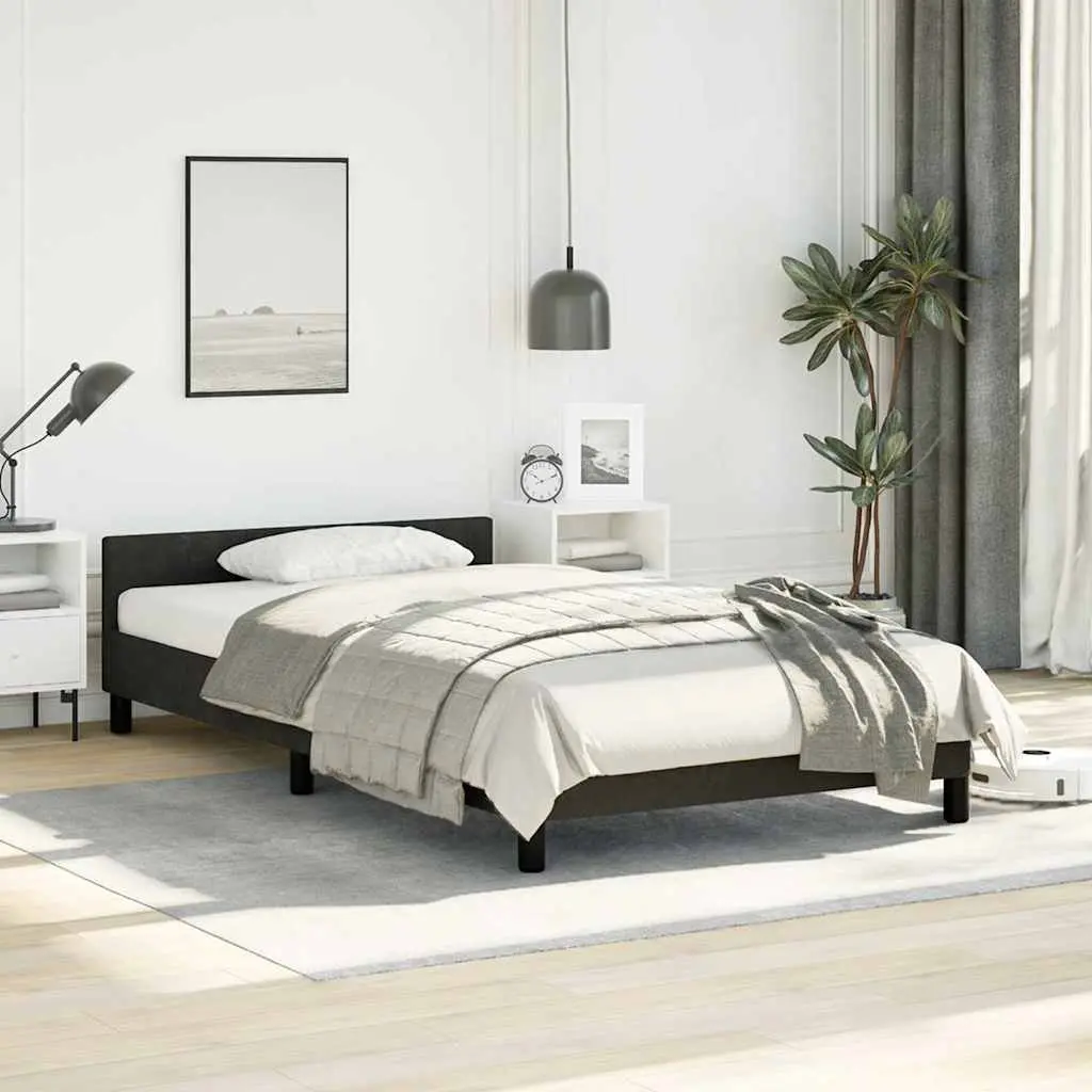 King Single Bed Frame Plywood Slats Velvet Upholstered Black Headboard