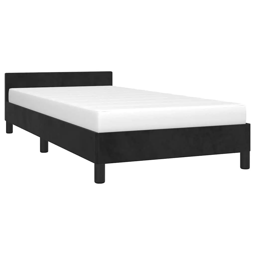 King Single Bed Frame Plywood Slats Velvet Upholstered Black Headboard