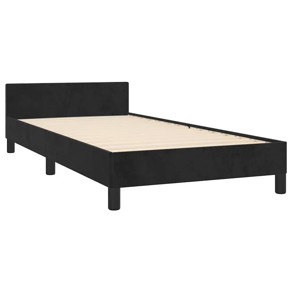 King Single Bed Frame Plywood Slats Velvet Upholstered Black Headboard