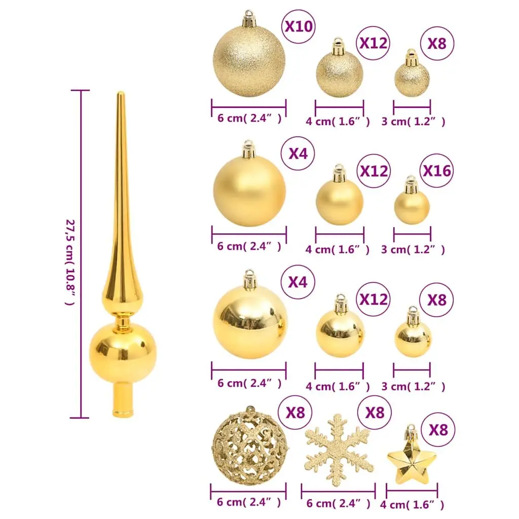 111 Piece Christmas Bauble Set Shatterproof Polystyrene Multiple Sizes Gold