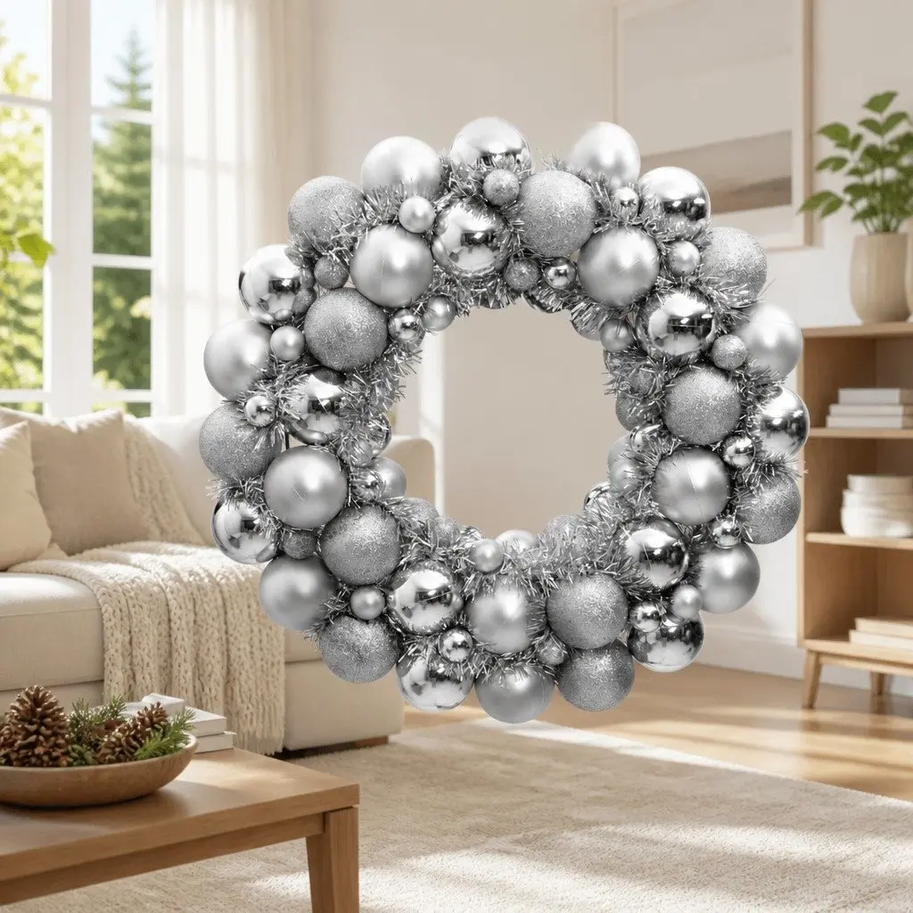 Silver Christmas Wreath 45cm Polystyrene Hanging Holiday Decoration Reusable Festive Decor