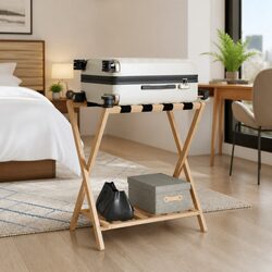 Luggage Rack Bamboo Foldable Suitcase Stand with Shelves Storage Organiser