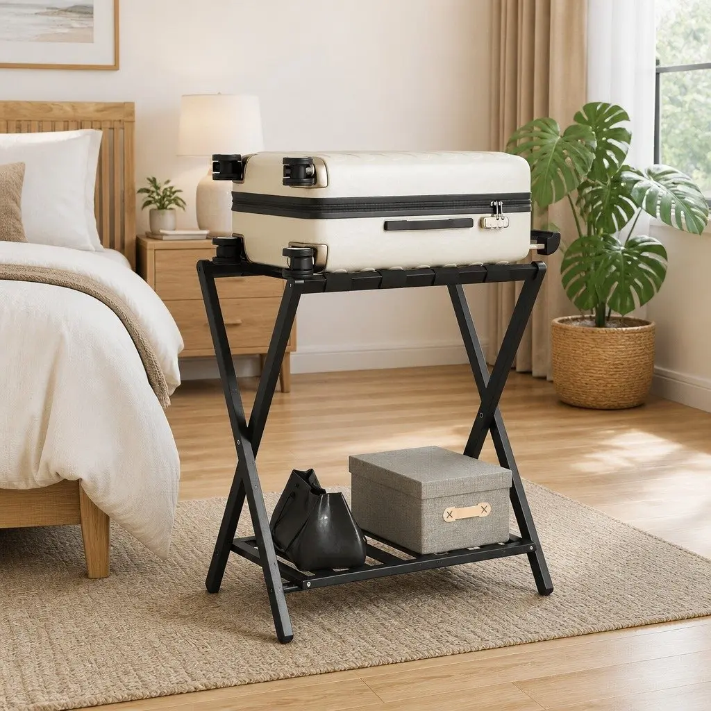 Luggage Rack Bamboo Two Shelf Foldable Storage Stand Black