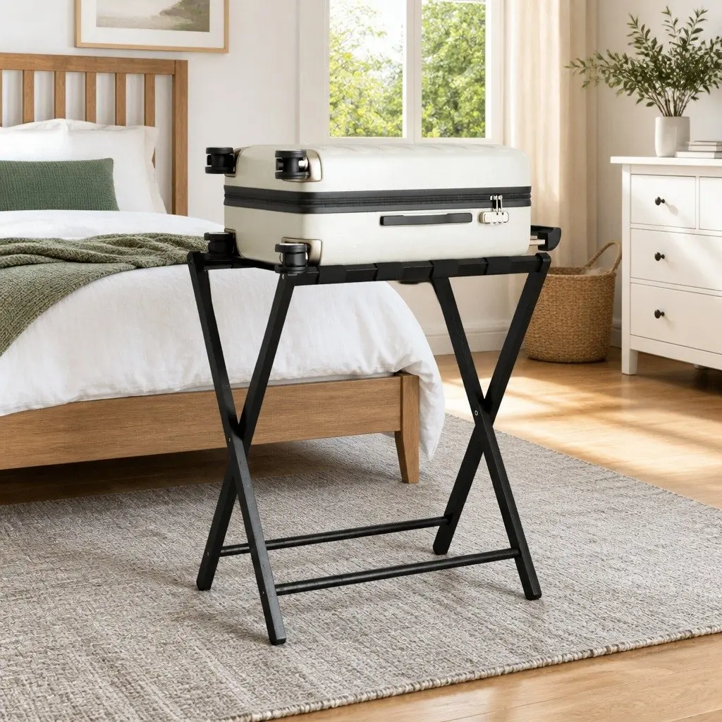 Luggage Rack Bamboo Foldable Suitcase Stand Black 68.5 x 38 x 58 cm