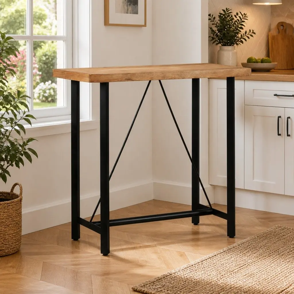 Acacia Wood Bar Table Iron Frame 110x55x107cm Brown Kitchen Dining Furniture